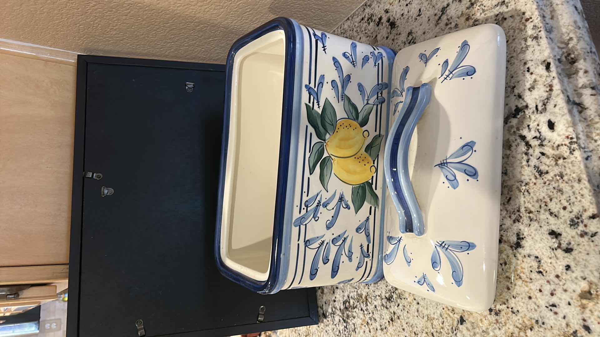 Photo 1 of BLUE & WHITE WITH LEMON STONELITE PORCELAIN BREADBOX 10 1/2” x 6” x H8 1/2”
