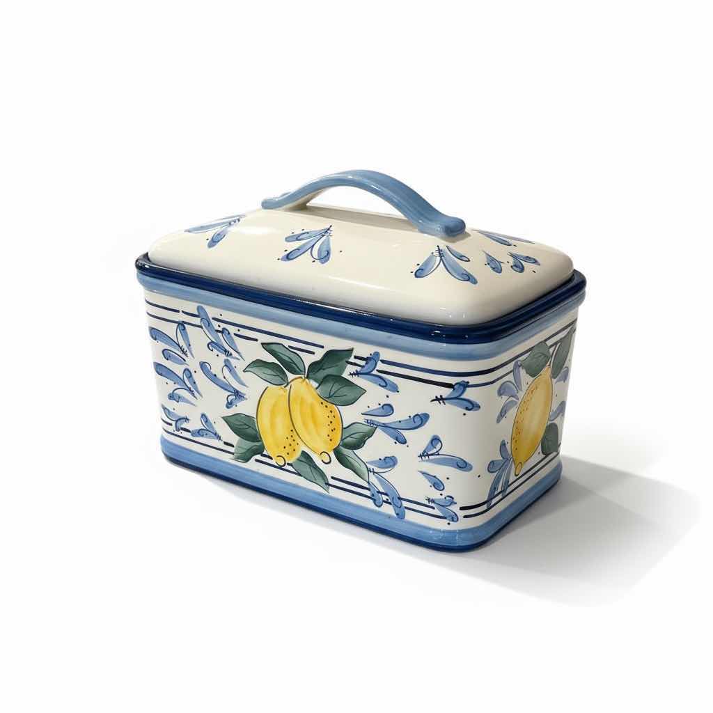 Photo 1 of BLUE & WHITE WITH LEMON STONELITE PORCELAIN BREADBOX 10 1/2” x 6” x H8 1/2”