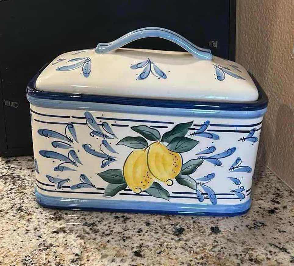 Photo 1 of BLUE & WHITE WITH LEMON STONELITE PORCELAIN BREADBOX 10 1/2” x 6” x H8 1/2”