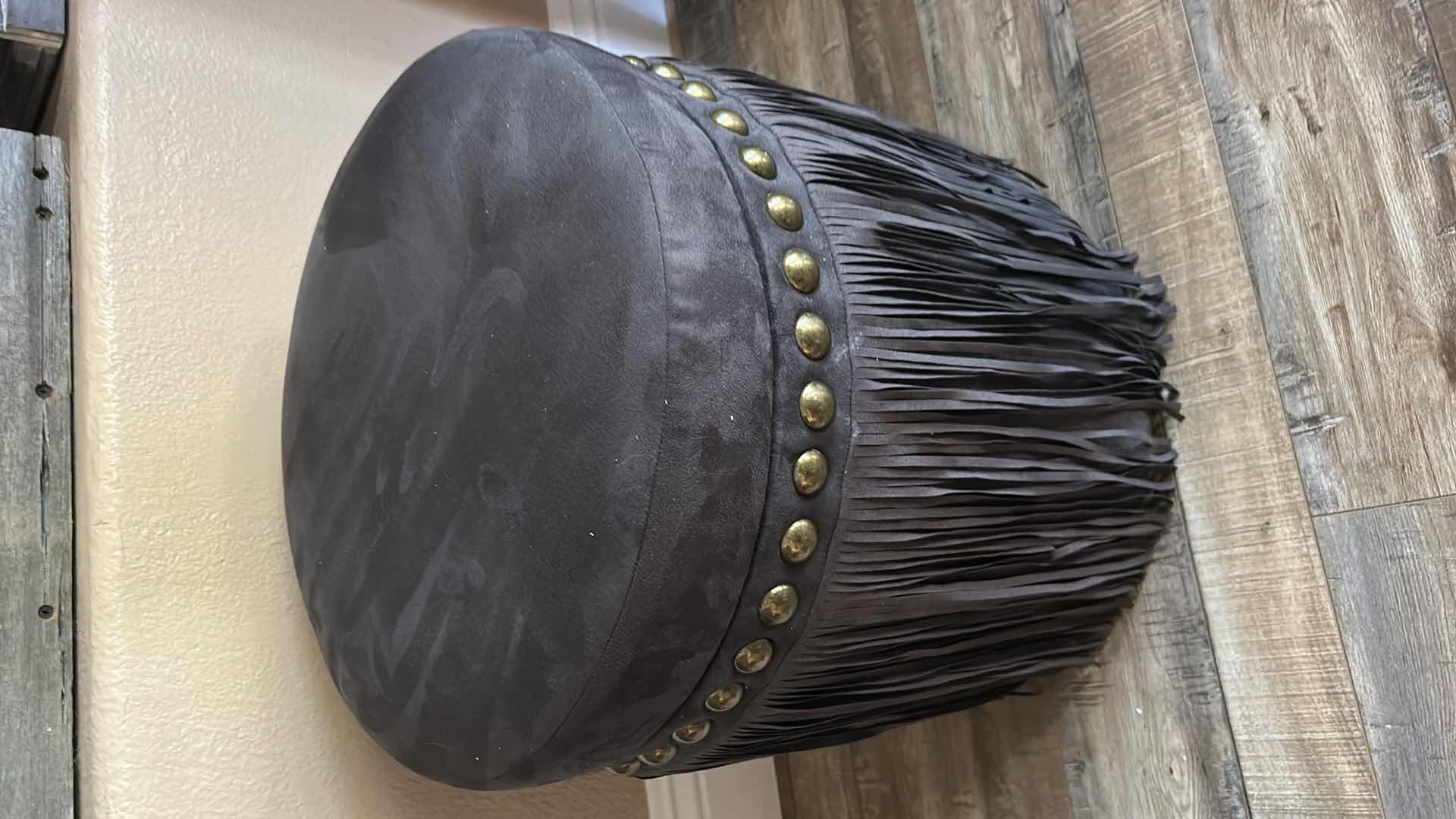 Photo 1 of FRINGED SUEDE WESTERN STOOL W NAIL HEAD TRIM H17” AND PILLOW