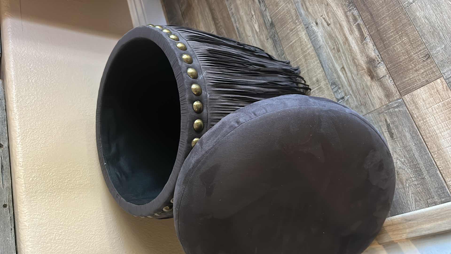 Photo 1 of FRINGED SUEDE WESTERN STOOL W NAIL HEAD TRIM H17” AND PILLOW