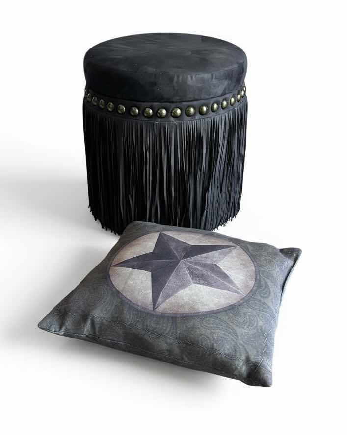 Photo 1 of FRINGED SUEDE WESTERN STOOL W NAIL HEAD TRIM H17” AND PILLOW
