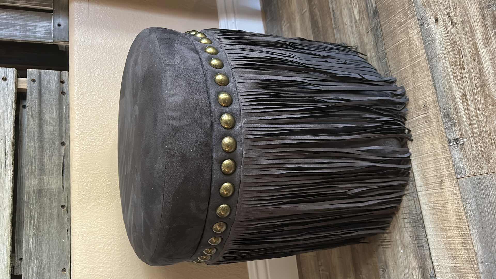 Photo 1 of FRINGED SUEDE WESTERN STOOL W NAIL HEAD TRIM H17” AND PILLOW