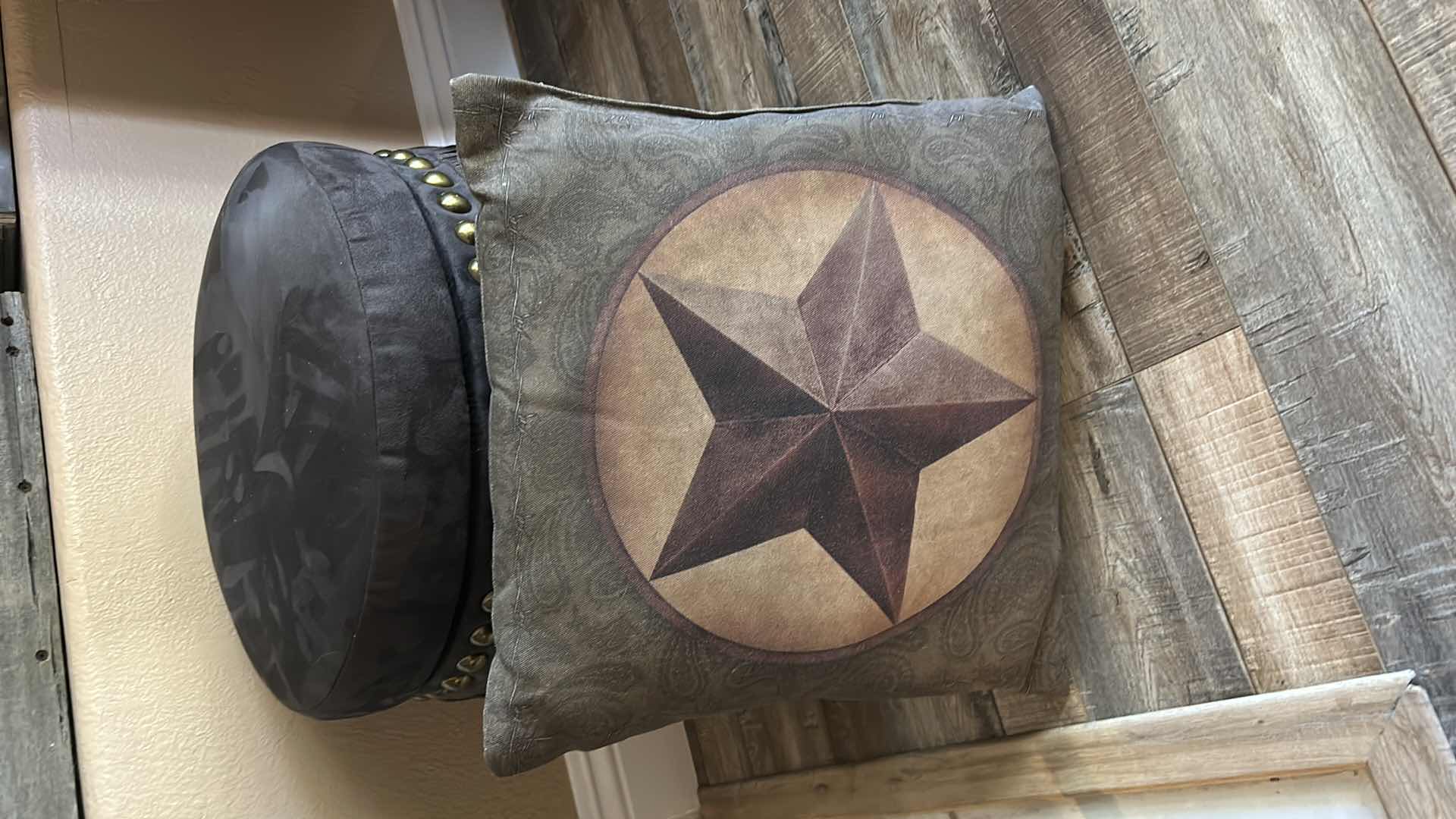 Photo 1 of FRINGED SUEDE WESTERN STOOL W NAIL HEAD TRIM H17” AND PILLOW