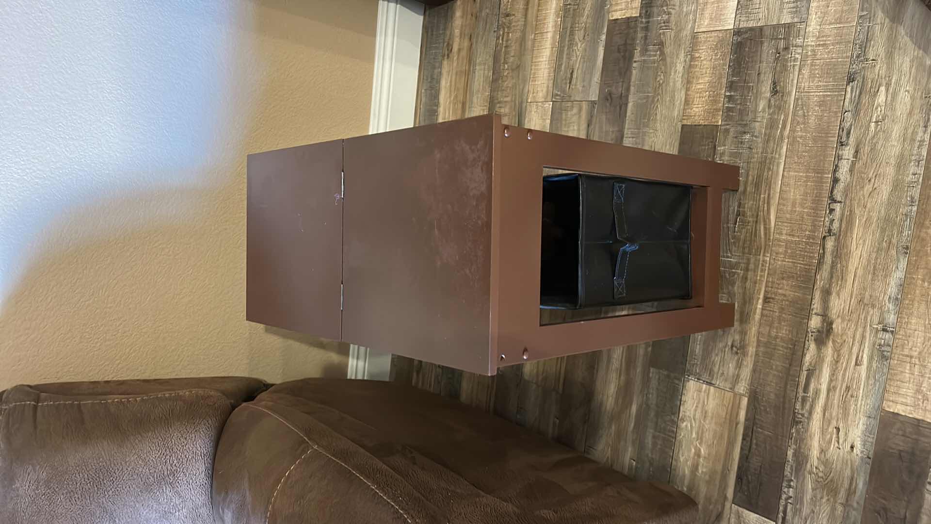 Photo 1 of 3 PC WOOD TABLE 11 1/4“ x 23 1/2“ x H24“ WITH RUSTIC RAW WOOD TOPPER AND STORAGE