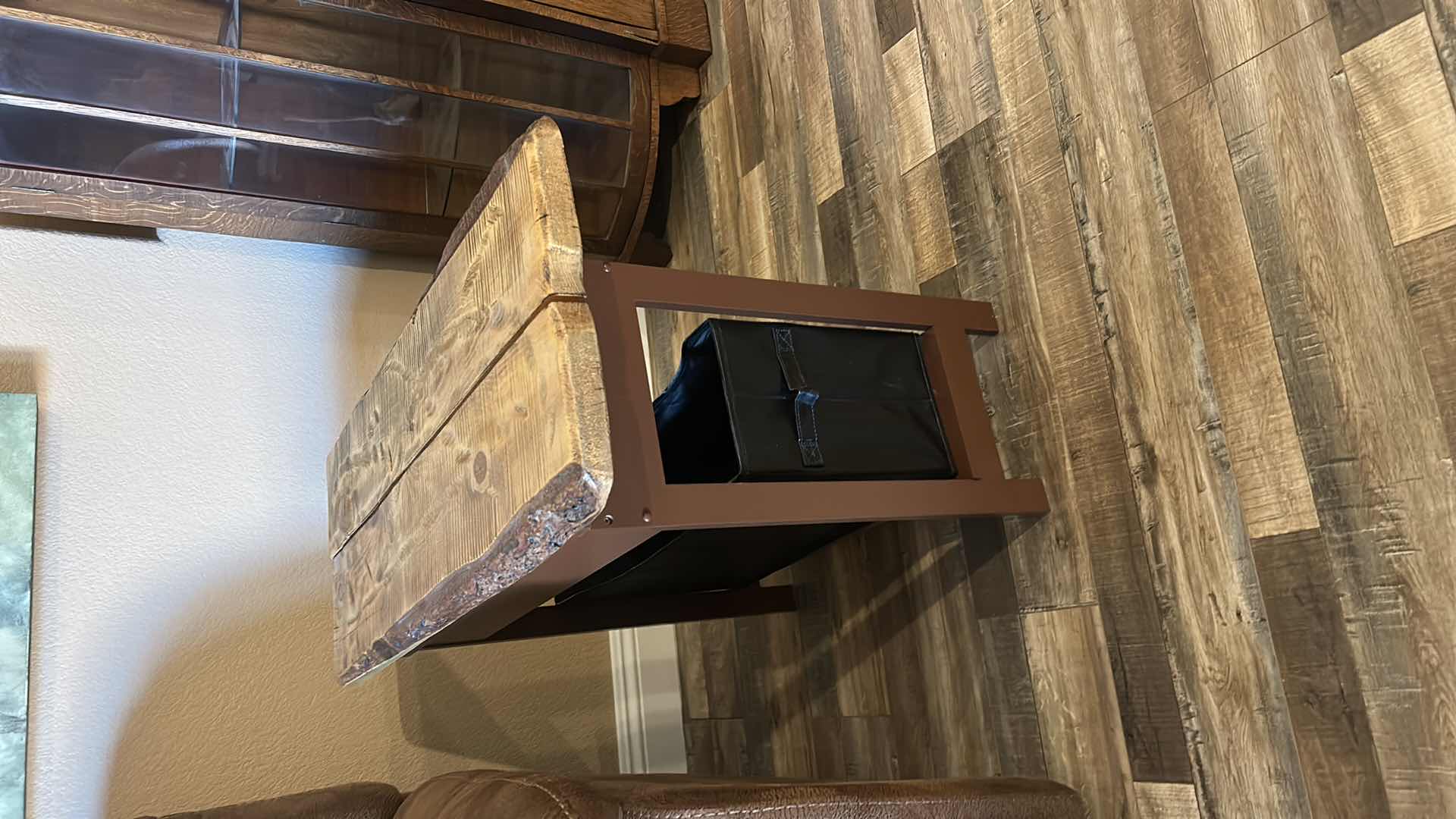 Photo 1 of 3 PC WOOD TABLE 11 1/4“ x 23 1/2“ x H24“ WITH RUSTIC RAW WOOD TOPPER AND STORAGE