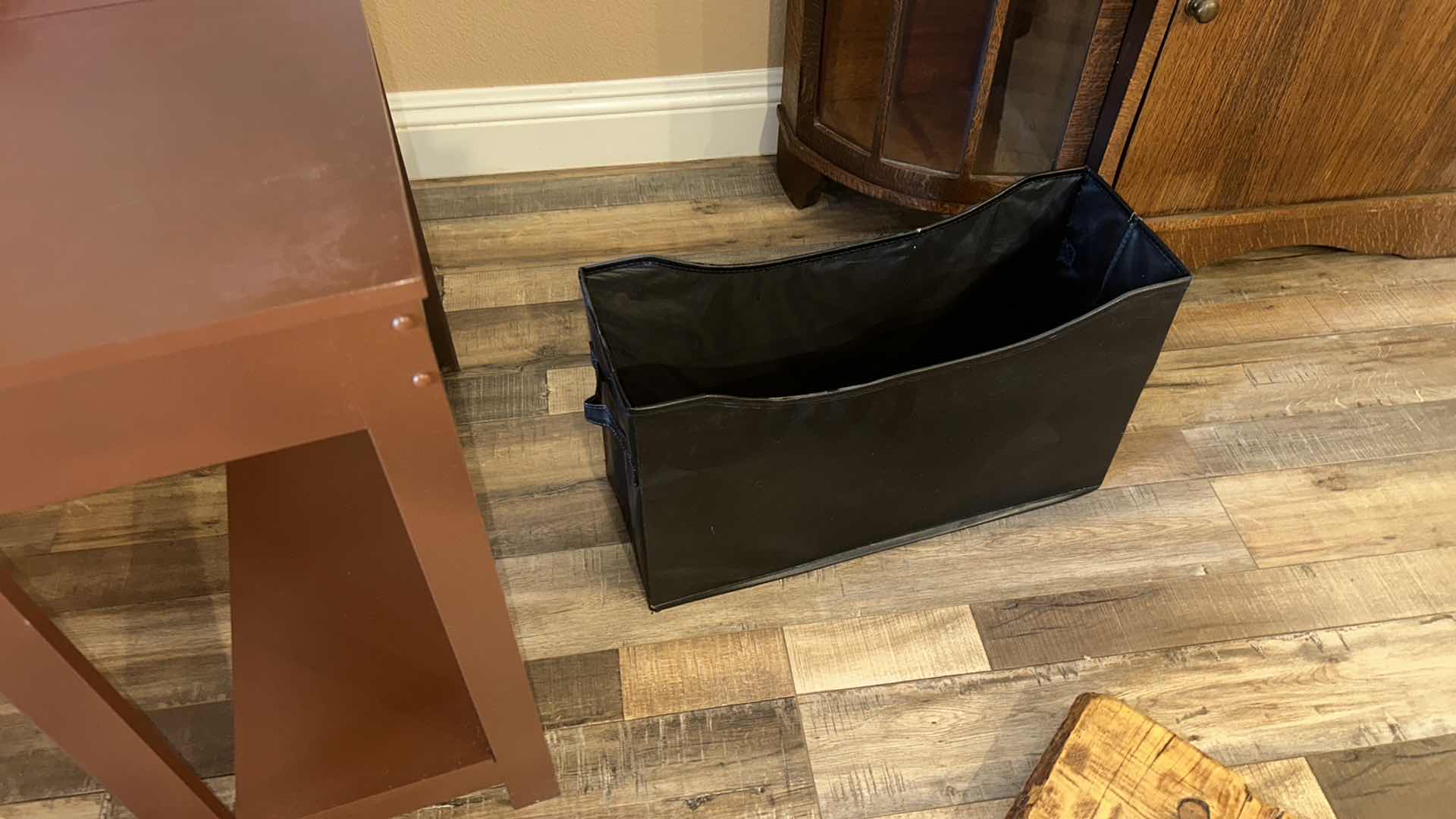 Photo 1 of 3 PC WOOD TABLE 11 1/4“ x 23 1/2“ x H24“ WITH RUSTIC RAW WOOD TOPPER AND STORAGE