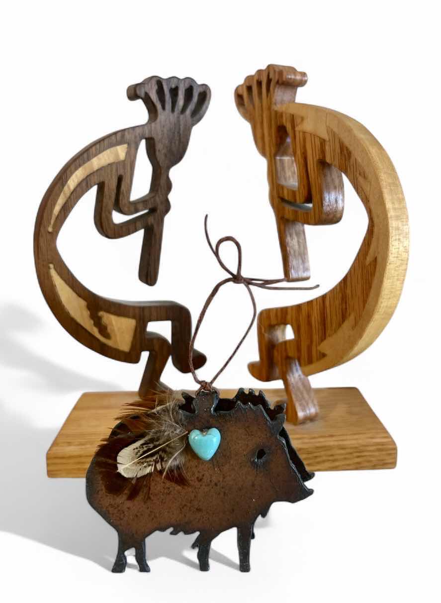 Photo 1 of 2 PC HOME DECOR- MINIATURE METAL BOAR WITH TURQUOISE HEART & WOODEN KOKOPELLI’S H7”