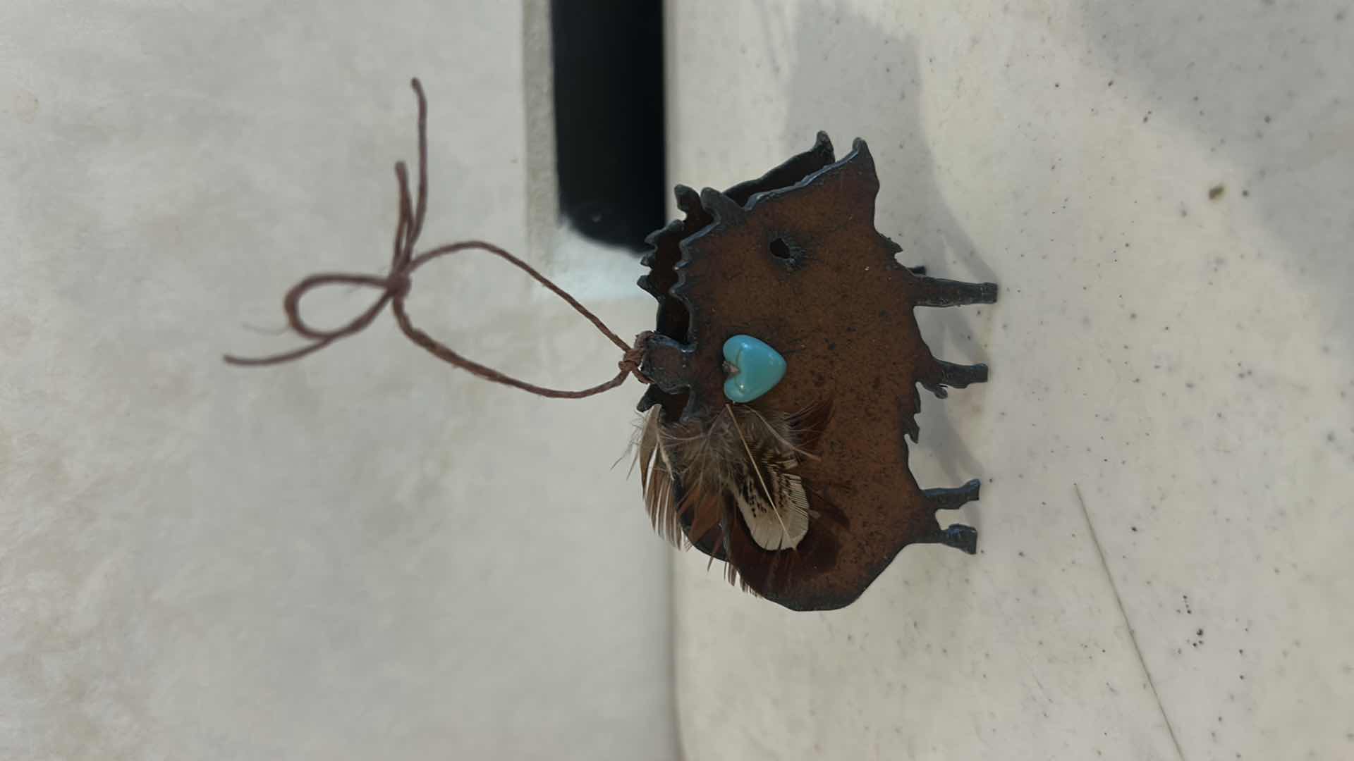 Photo 1 of 2 PC HOME DECOR- MINIATURE METAL BOAR WITH TURQUOISE HEART & WOODEN KOKOPELLI’S H7”