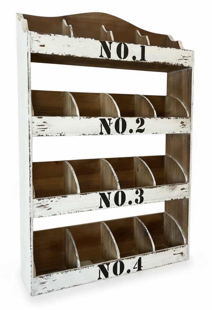 Photo 1 of DISTRESSED WHITE WOODEN WALL ORGANIZER WITH NUMBERED COMPARTMENTS. 22“ x 5“ x H34“.