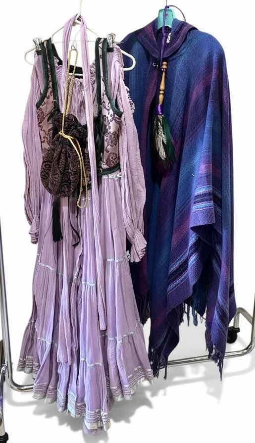 Photo 1 of LAVENDER GAUZE BOHEMIAN DRESS WITH CORSET AND BAG, CAPE AND PEACOCK FEATHER HAND FAN