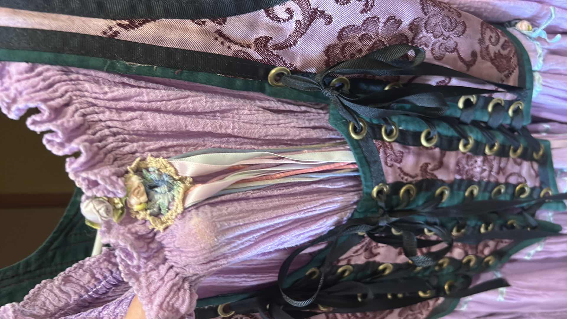 Photo 1 of LAVENDER GAUZE BOHEMIAN DRESS WITH CORSET AND BAG, CAPE AND PEACOCK FEATHER HAND FAN