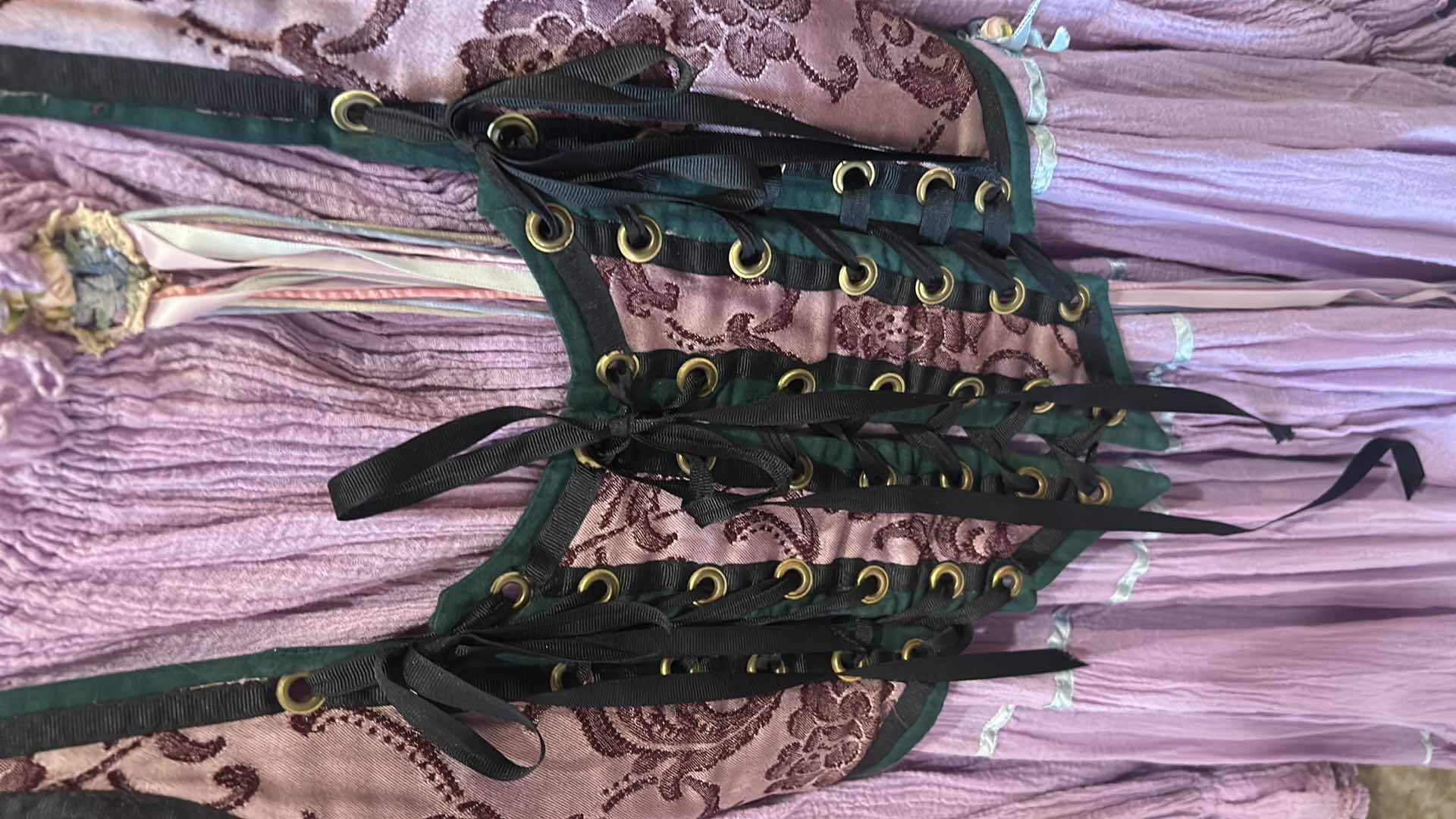 Photo 1 of LAVENDER GAUZE BOHEMIAN DRESS WITH CORSET AND BAG, CAPE AND PEACOCK FEATHER HAND FAN