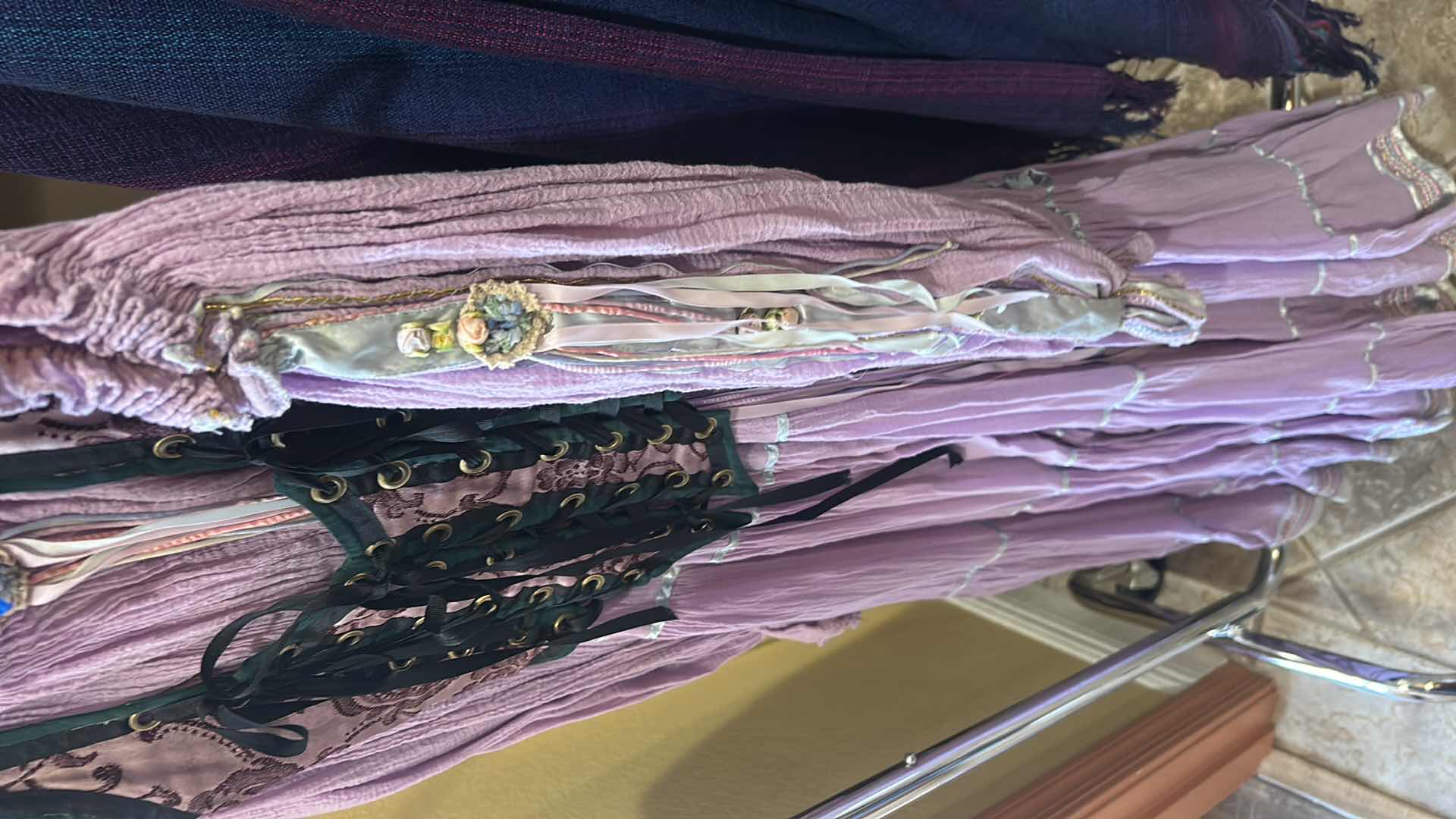 Photo 1 of LAVENDER GAUZE BOHEMIAN DRESS WITH CORSET AND BAG, CAPE AND PEACOCK FEATHER HAND FAN