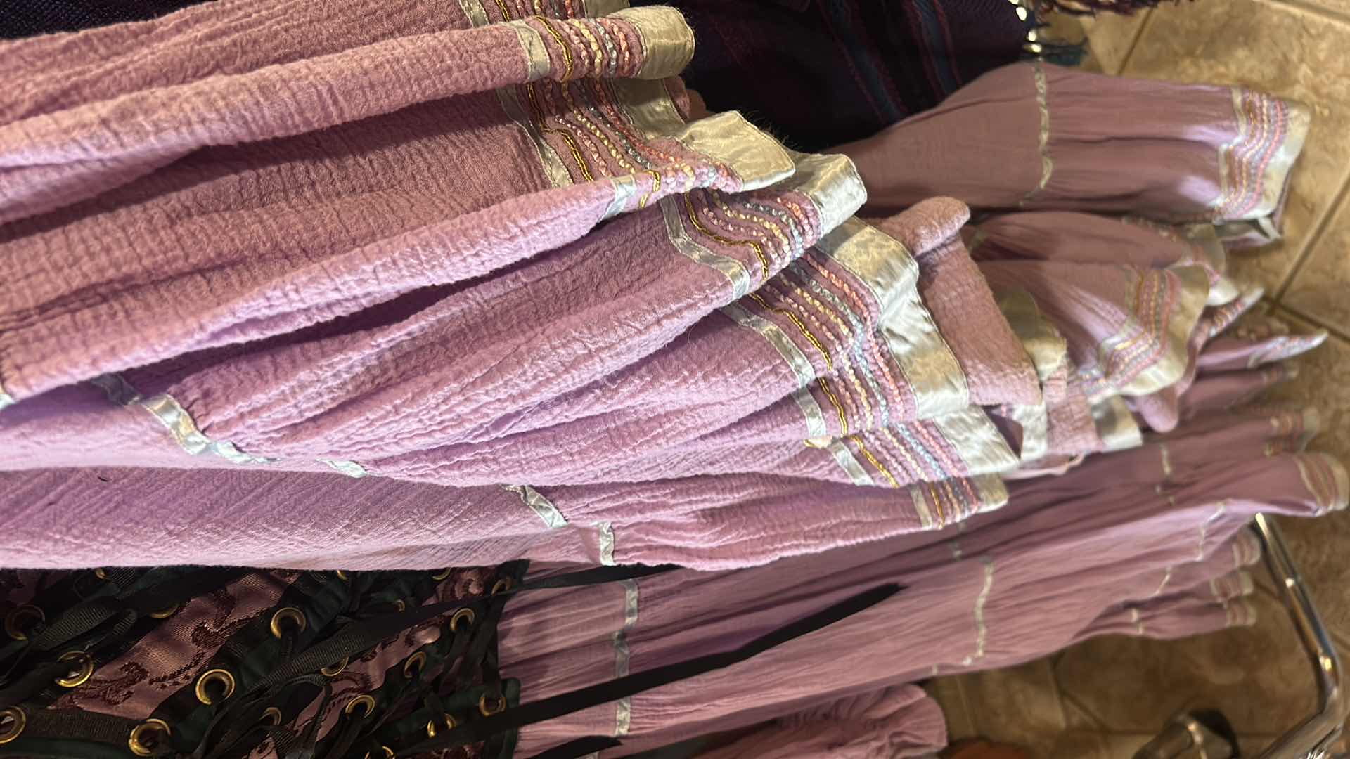 Photo 1 of LAVENDER GAUZE BOHEMIAN DRESS WITH CORSET AND BAG, CAPE AND PEACOCK FEATHER HAND FAN