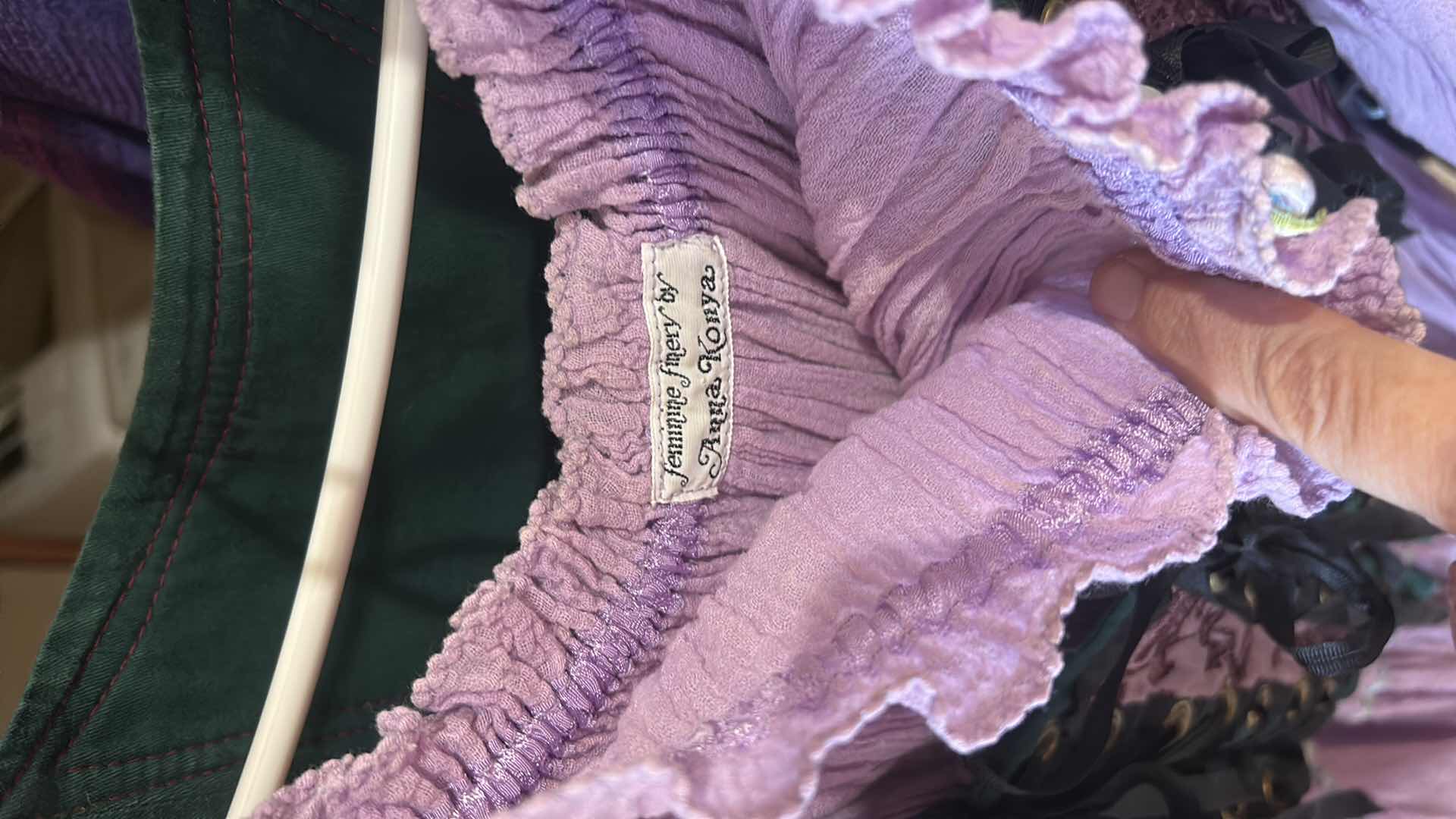 Photo 1 of LAVENDER GAUZE BOHEMIAN DRESS WITH CORSET AND BAG, CAPE AND PEACOCK FEATHER HAND FAN