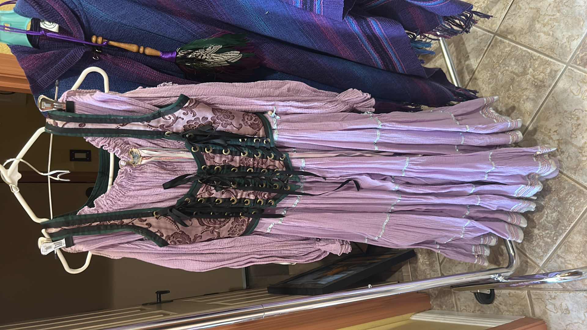 Photo 1 of LAVENDER GAUZE BOHEMIAN DRESS WITH CORSET AND BAG, CAPE AND PEACOCK FEATHER HAND FAN