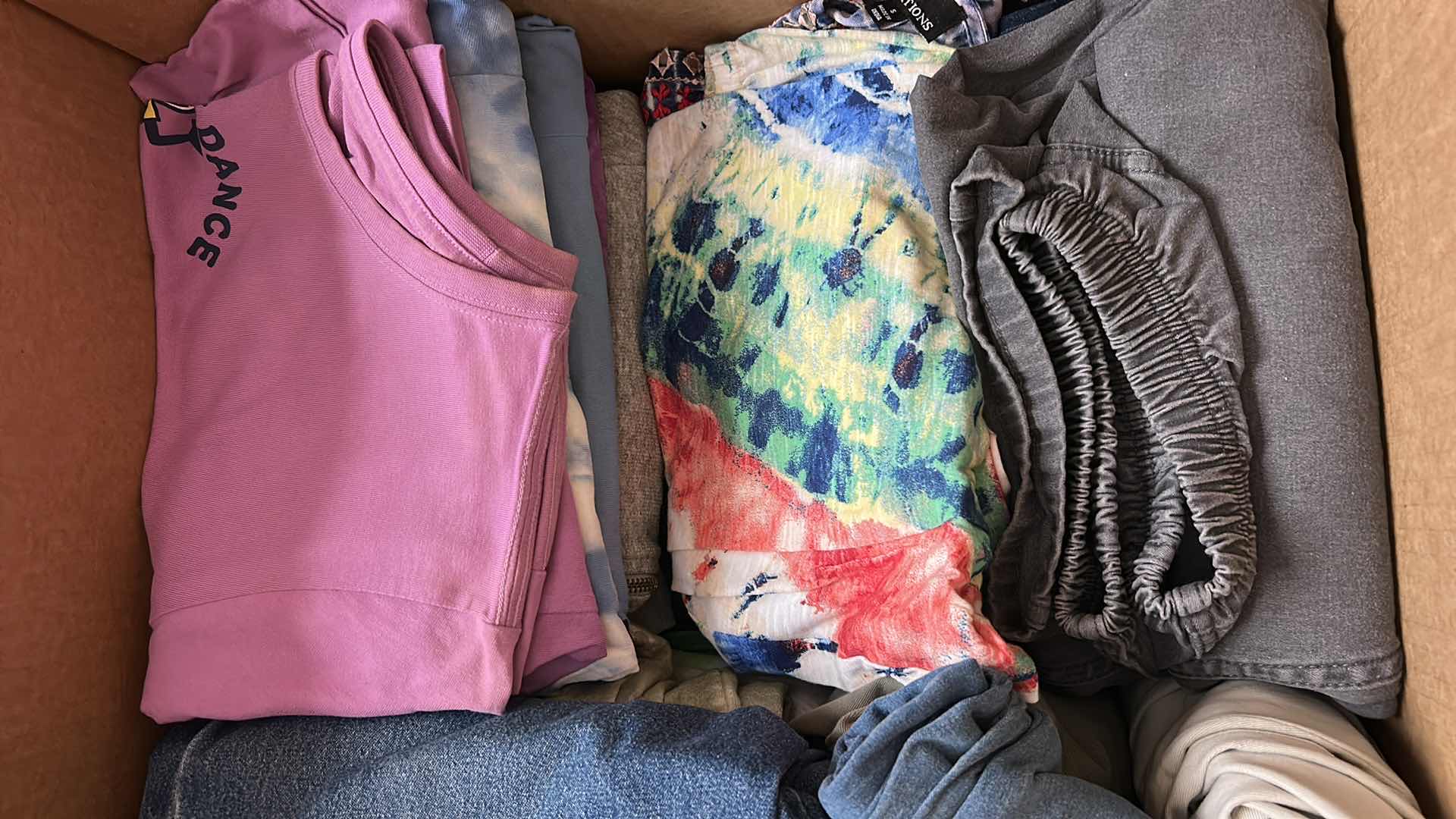 Photo 1 of BOX OF WOMENS CLOTHING, BLOUSES, SHIRTS AND PANTS (ASSORTED SIZES)