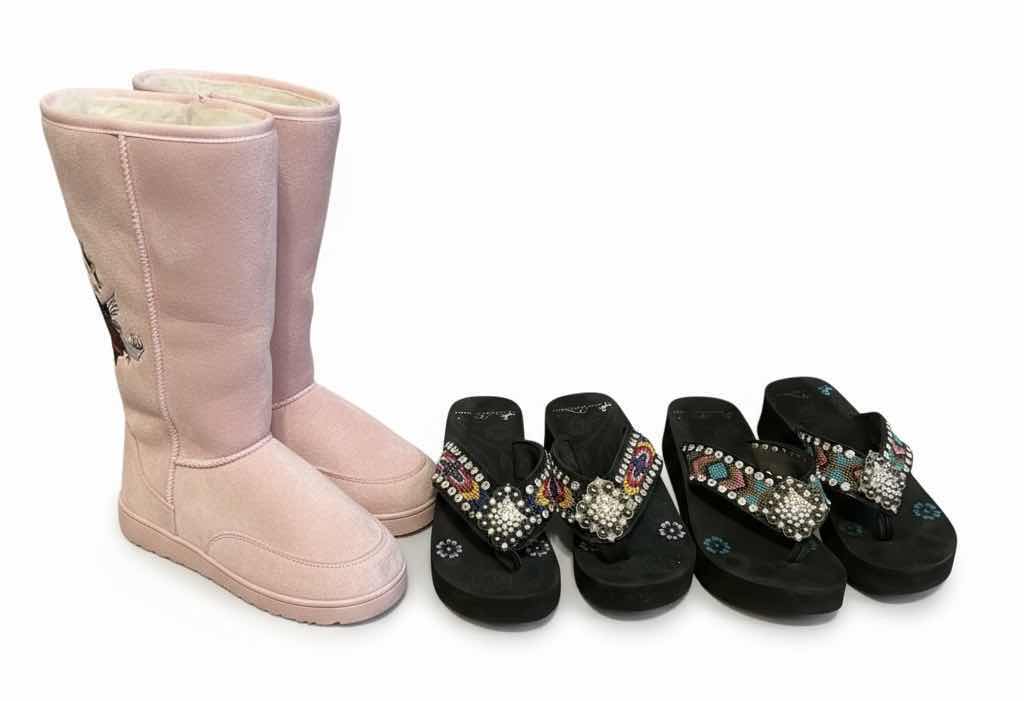 Photo 1 of 2 PAIRS MONTANA WEST WOMENS FLIP FLOPS AND 1 PSIR IF LIGHT PINK BOOTS SIZE 8