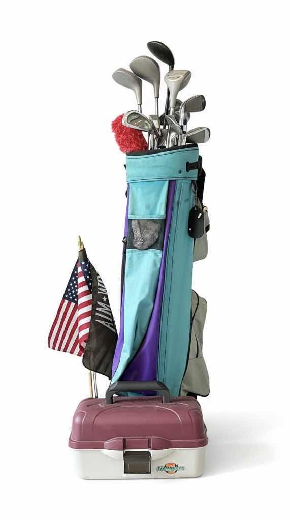 Photo 1 of CONTENTS OF CABINET - GOLF CLUB, TACKLE BOX AND FLAGS