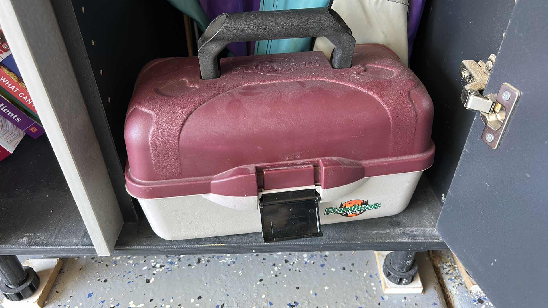 Photo 1 of CONTENTS OF CABINET - GOLF CLUB, TACKLE BOX AND FLAGS