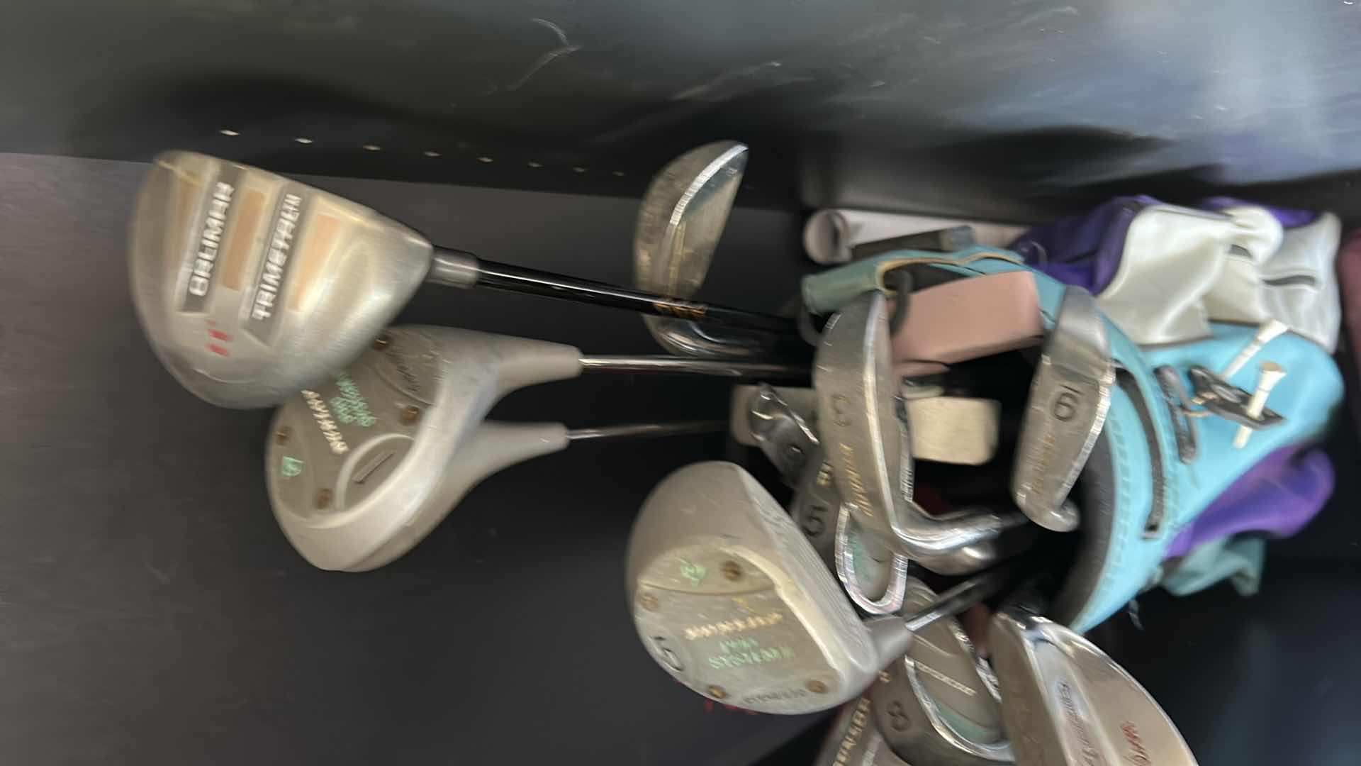 Photo 1 of CONTENTS OF CABINET - GOLF CLUB, TACKLE BOX AND FLAGS