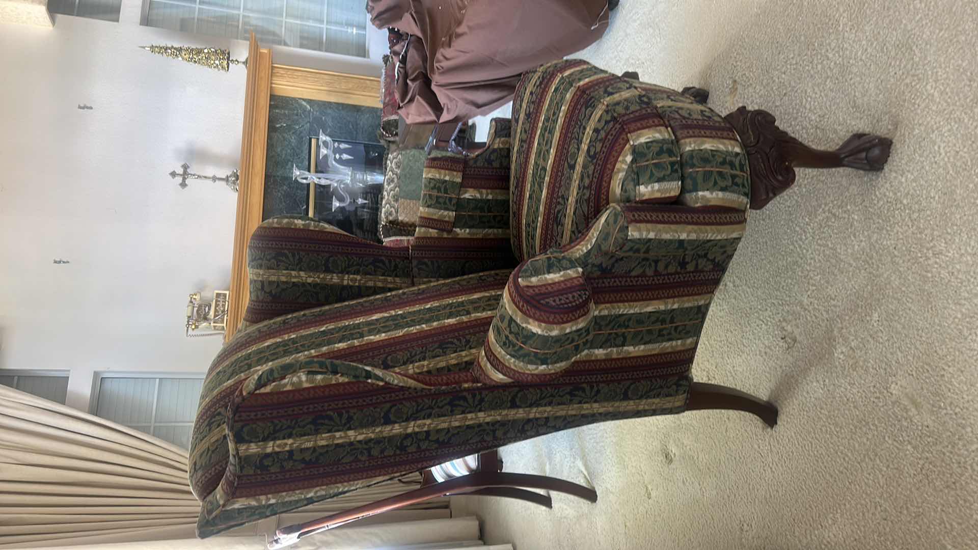 Photo 1 of THOMASVILLE UPHOLSTERED TRADITIONAL WINGBACK CHAIR WITH CARVED WOODEN LEGS 38” X 27” X H47”