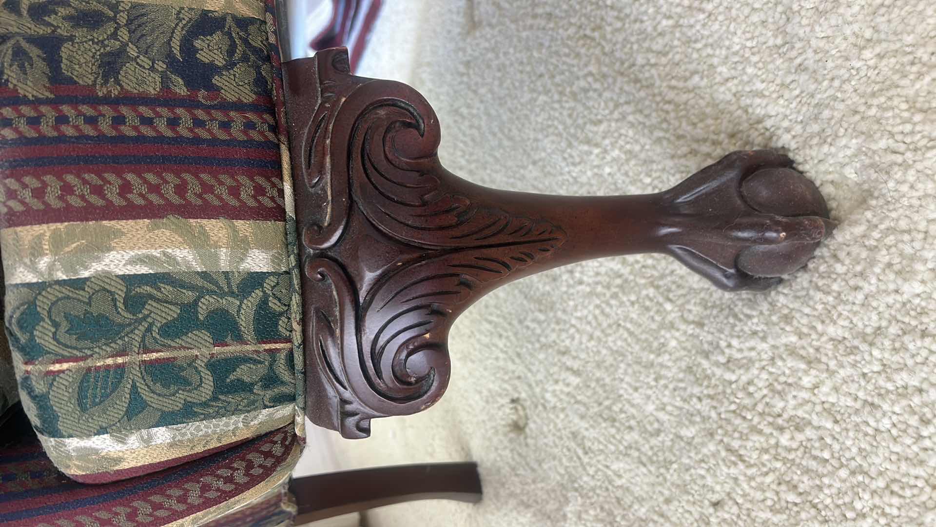 Photo 1 of THOMASVILLE UPHOLSTERED TRADITIONAL WINGBACK CHAIR WITH CARVED WOODEN LEGS 38” X 27” X H47”