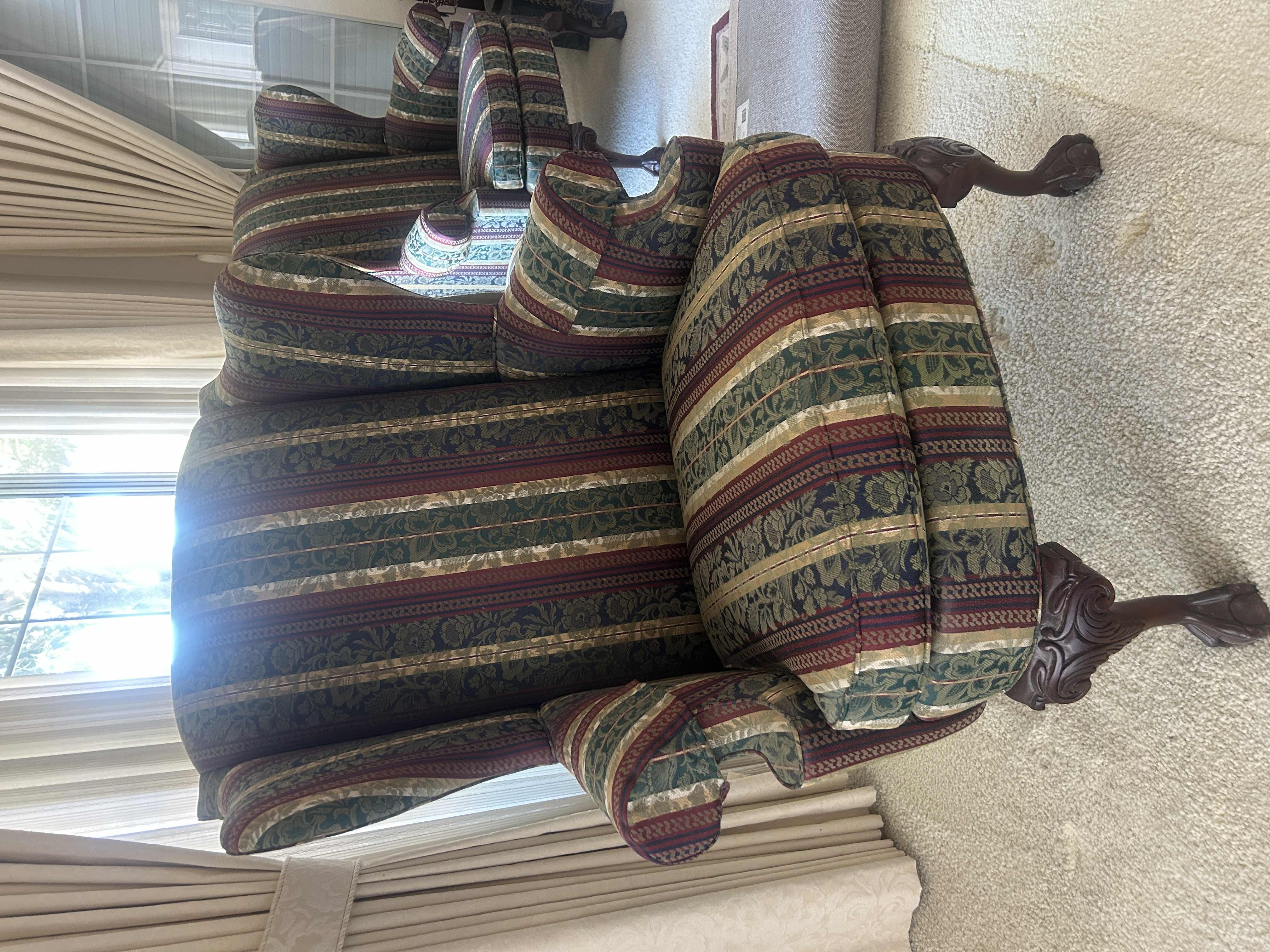 Photo 1 of THOMASVILLE UPHOLSTERED TRADITIONAL WINGBACK CHAIR WITH CARVED WOODEN LEGS 38” X 27” X H47”