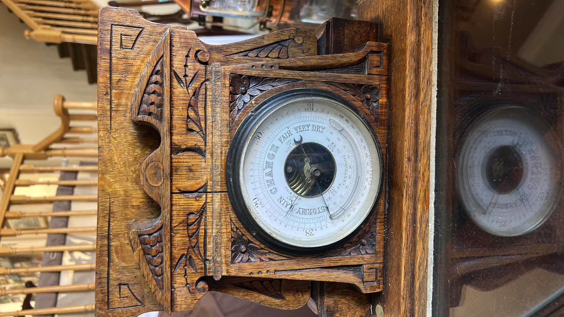 Photo 1 of ANTIQUE BAROMETER IN CARVED WOODEN CASE 14 1/2“ x 4 1/2“ x H10.75”