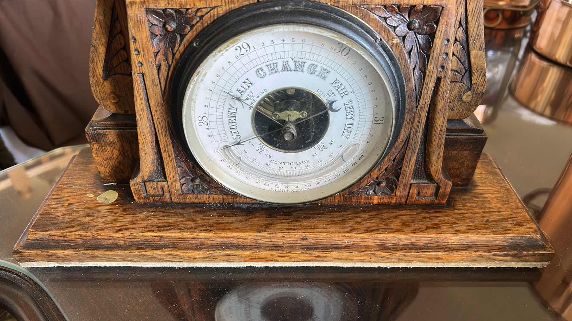 Photo 1 of ANTIQUE BAROMETER IN CARVED WOODEN CASE 14 1/2“ x 4 1/2“ x H10.75”