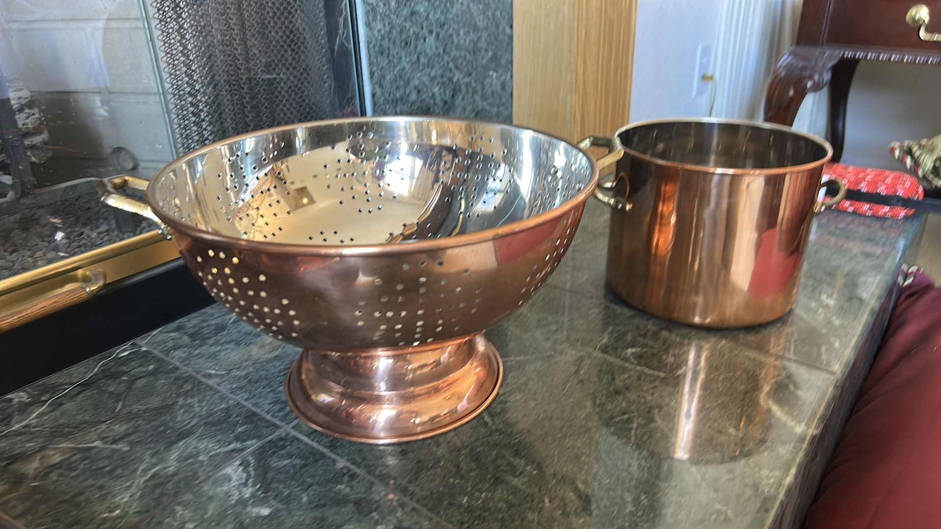 Photo 1 of 2 / COPPER AND STAINLESS STEEL COLANDER AND STOCK POT WITH BRASS HANDLES (LARGEST 19.5”)