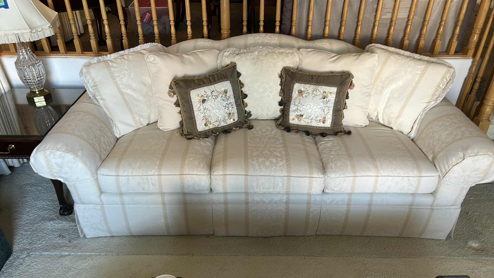 Photo 1 of 8’ THOMASVILLE UPHOLSTERED 0FFWHITE PATTERNED SOFA W ROLLED ARMS