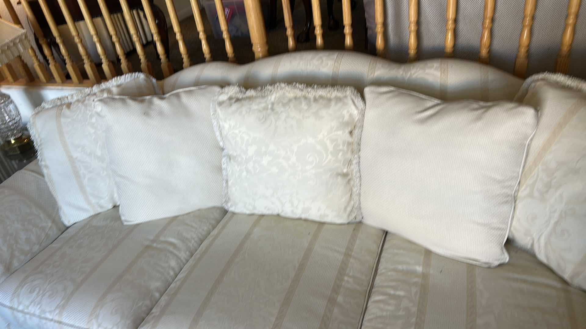 Photo 1 of 8’ THOMASVILLE UPHOLSTERED 0FFWHITE PATTERNED SOFA W ROLLED ARMS