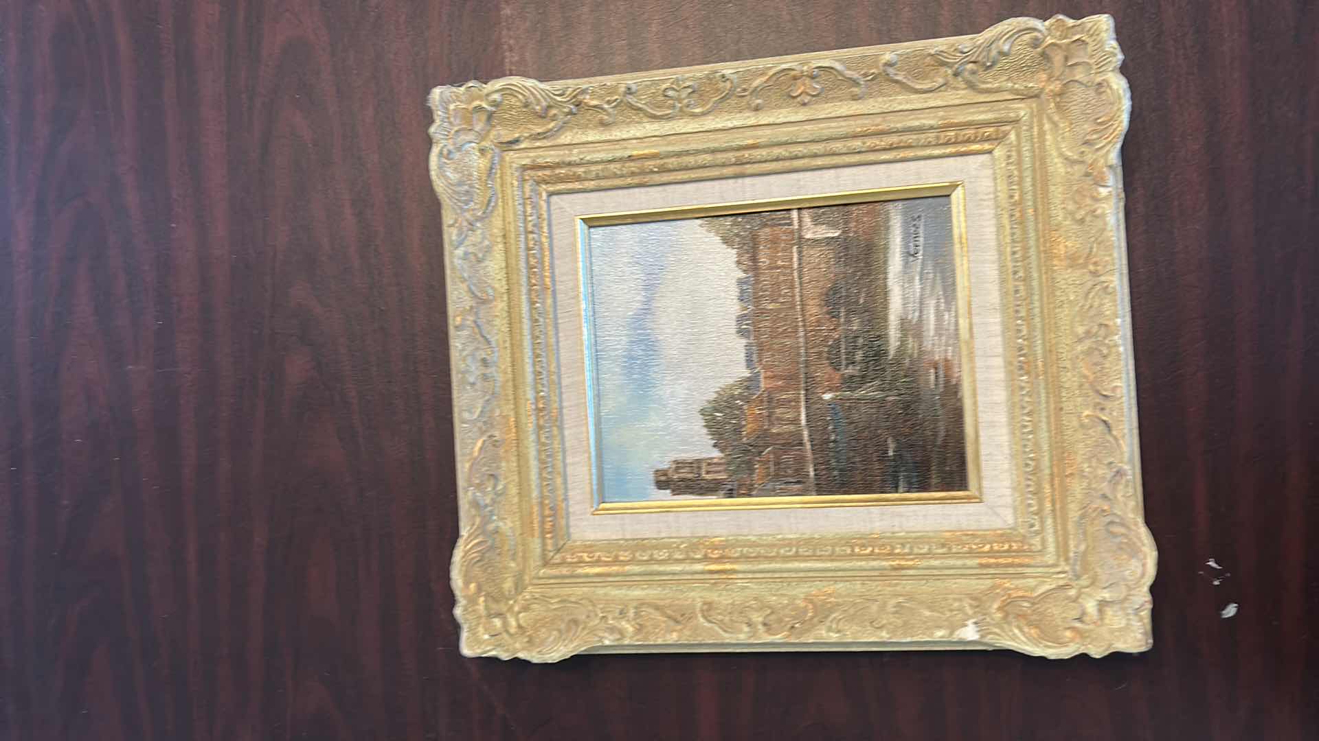 Photo 1 of ORNATELY WOOD AND RESIN FRAMED,  "VERMEES DUTCH TOWN RIVER” SIGNED OIL ON CANVAS, ARTWORK 15 1/2” x H17 1/2”