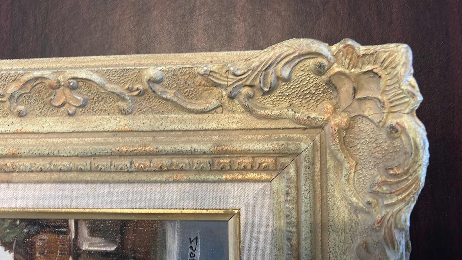 Photo 1 of ORNATELY WOOD AND RESIN FRAMED,  "VERMEES DUTCH TOWN RIVER” SIGNED OIL ON CANVAS, ARTWORK 15 1/2” x H17 1/2”