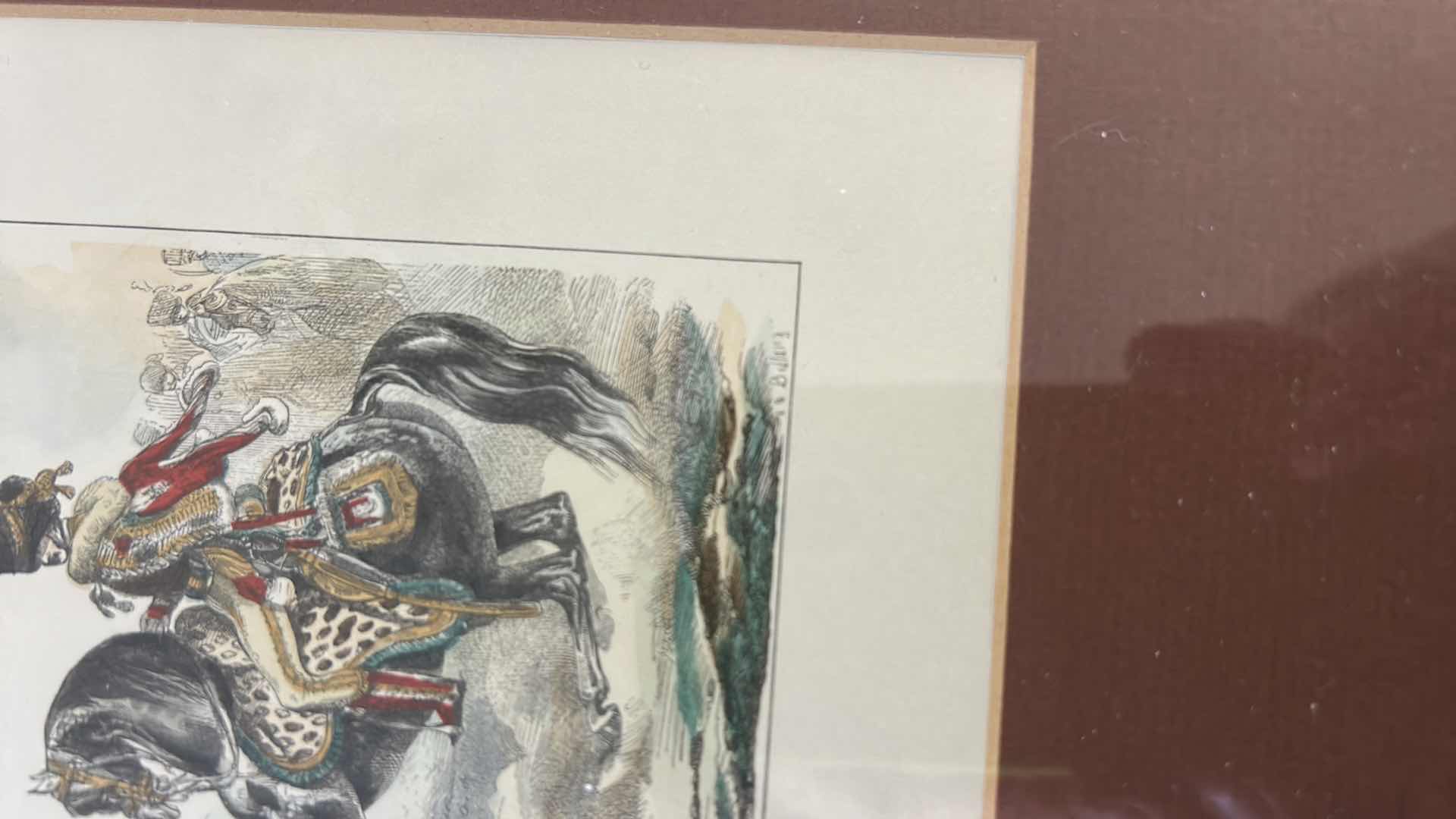 Photo 1 of 5 WOOD FRAMED ANTIQUE HAND-COLORED PRINTS OF HORSE RIDERS IN FORMAL ATTIRE ( 4 LARGEST ARE 10“ x H 11“)