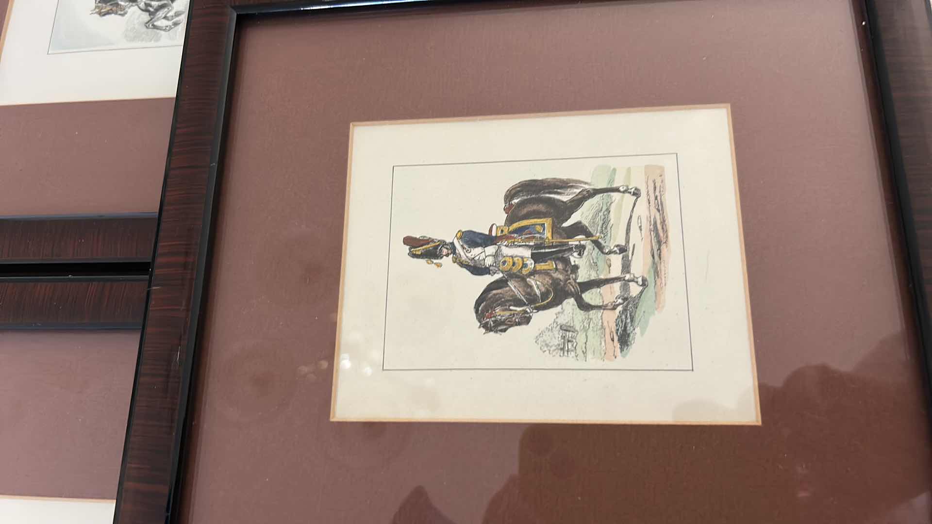 Photo 1 of 5 WOOD FRAMED ANTIQUE HAND-COLORED PRINTS OF HORSE RIDERS IN FORMAL ATTIRE ( 4 LARGEST ARE 10“ x H 11“)