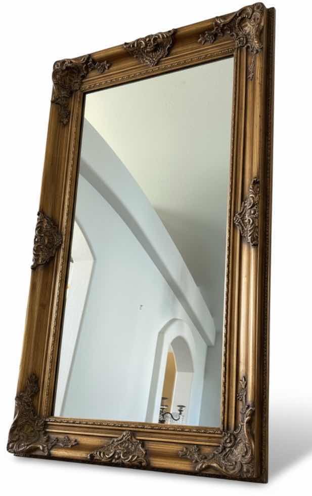 Photo 1 of ORNATE GOLD WOOD FRAMED MIRROR 27 1/2“ x H46“