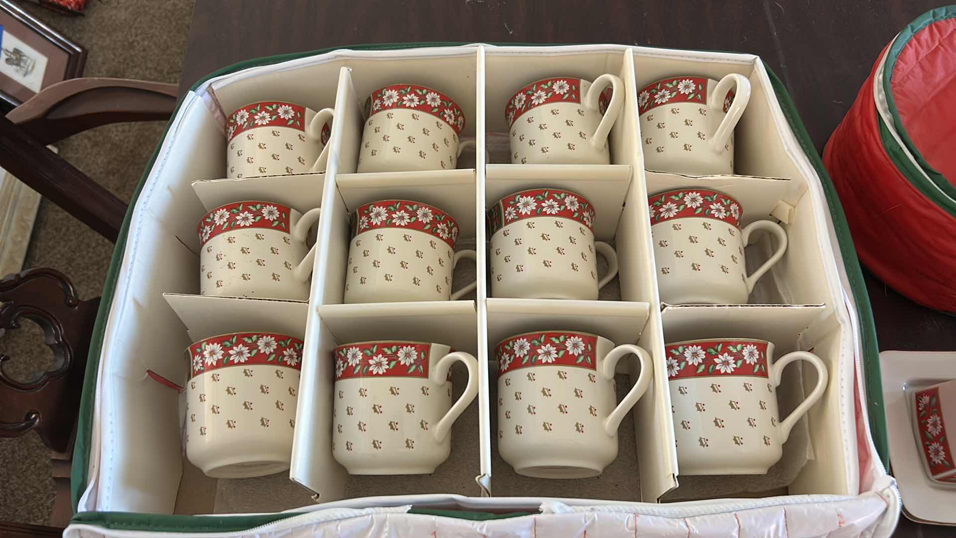 Photo 1 of CHARLTON HALL & CLASSIC TRADITIONS CHRISTMAS SERVING WARE - 10, 7.75” DESSERT PLATES, 12 MUGS, BUTTER DISH AND MORE