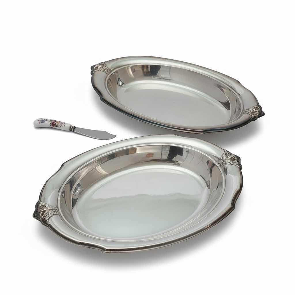 Photo 1 of 2 WILCOX INTERNATIONAL SILVER CO. SILVER PLATED TRAYS 12” & ROYAL CROWN ENGLAND CHEESE KNIFE