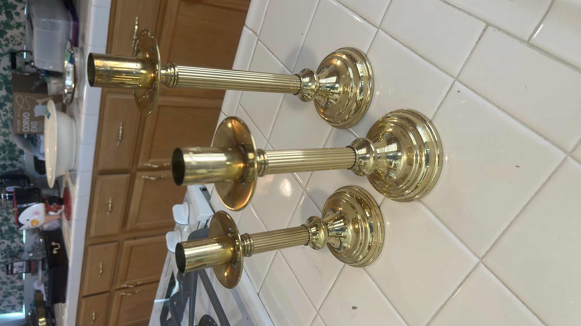Photo 1 of 4 BRASS TONE CANDLE HOLDERS (TALLEST H12”)