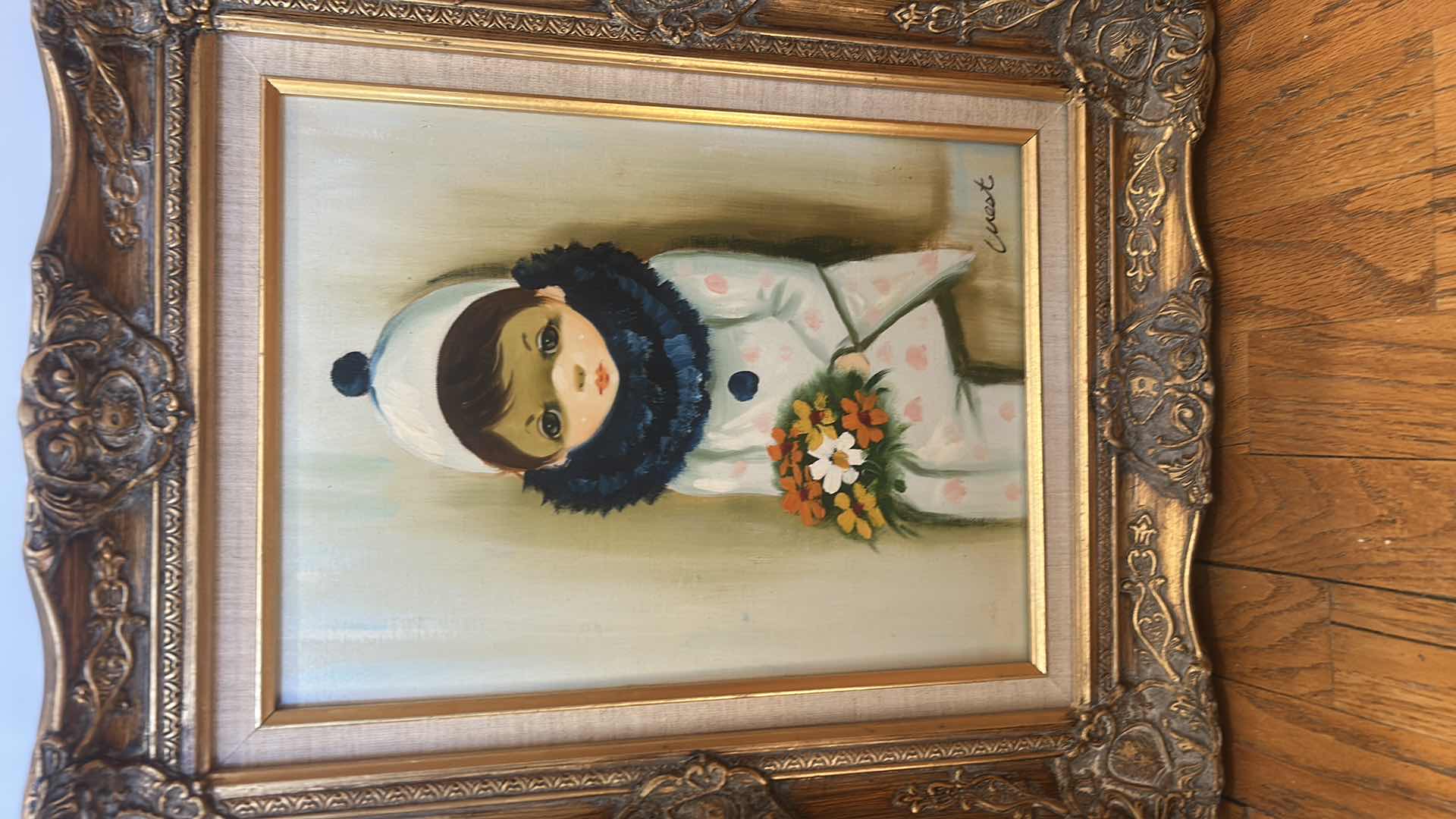 Photo 1 of ORNATELY GOLD WOOD FRAMED OIL ON CANVAS “ HARLEQUIN BOUQUET” BY WEST, ARTWORK 18 1/2
23 inches