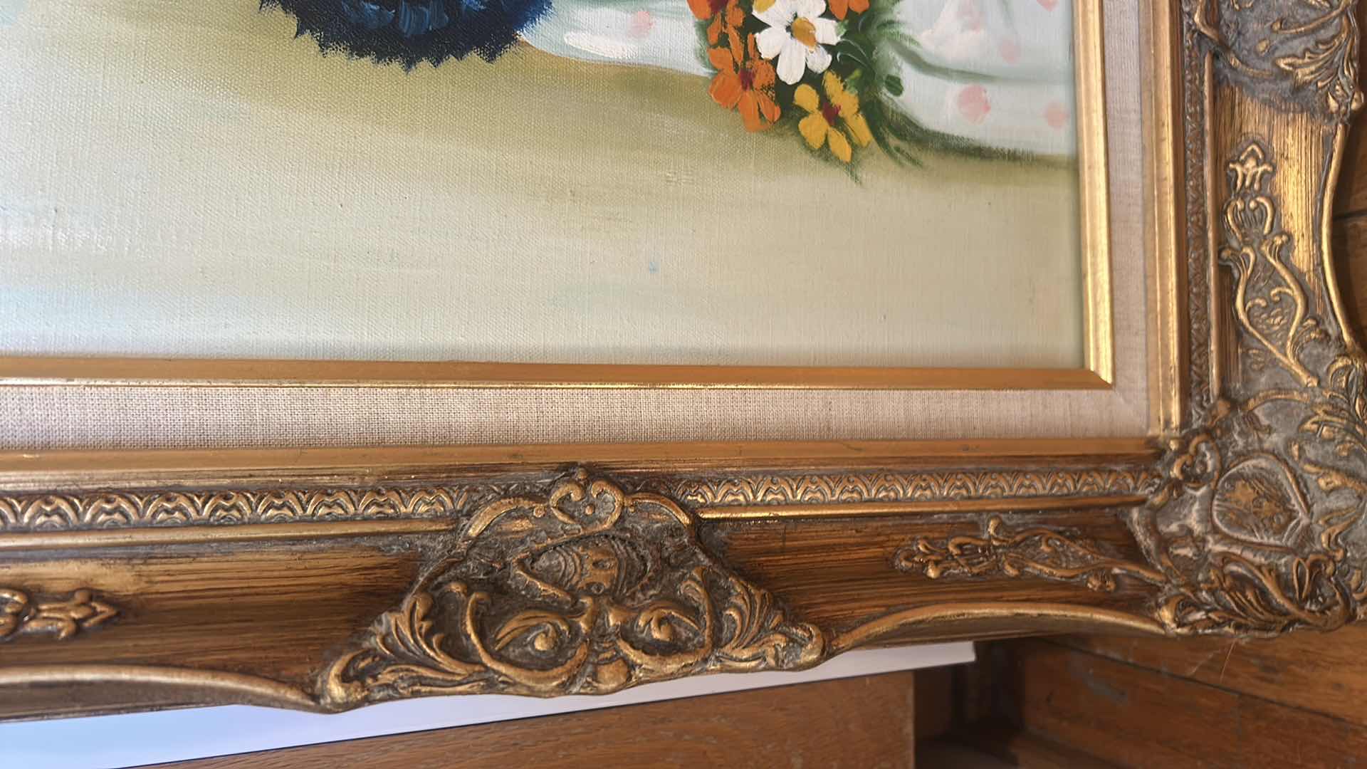 Photo 1 of ORNATELY GOLD WOOD FRAMED OIL ON CANVAS “ HARLEQUIN BOUQUET” BY WEST, ARTWORK 18 1/2
23 inches