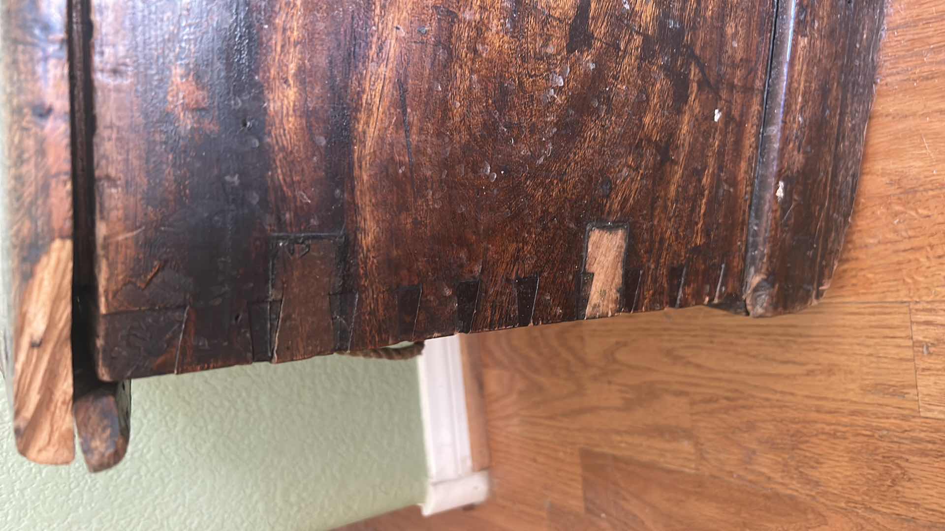 Photo 1 of ANTIQUE HAND HEWN WOOD STORAGE TRUNK 39 1/4“ x 16 1/2“ x H16 1/2“ (CONTENTS INCLUDED)