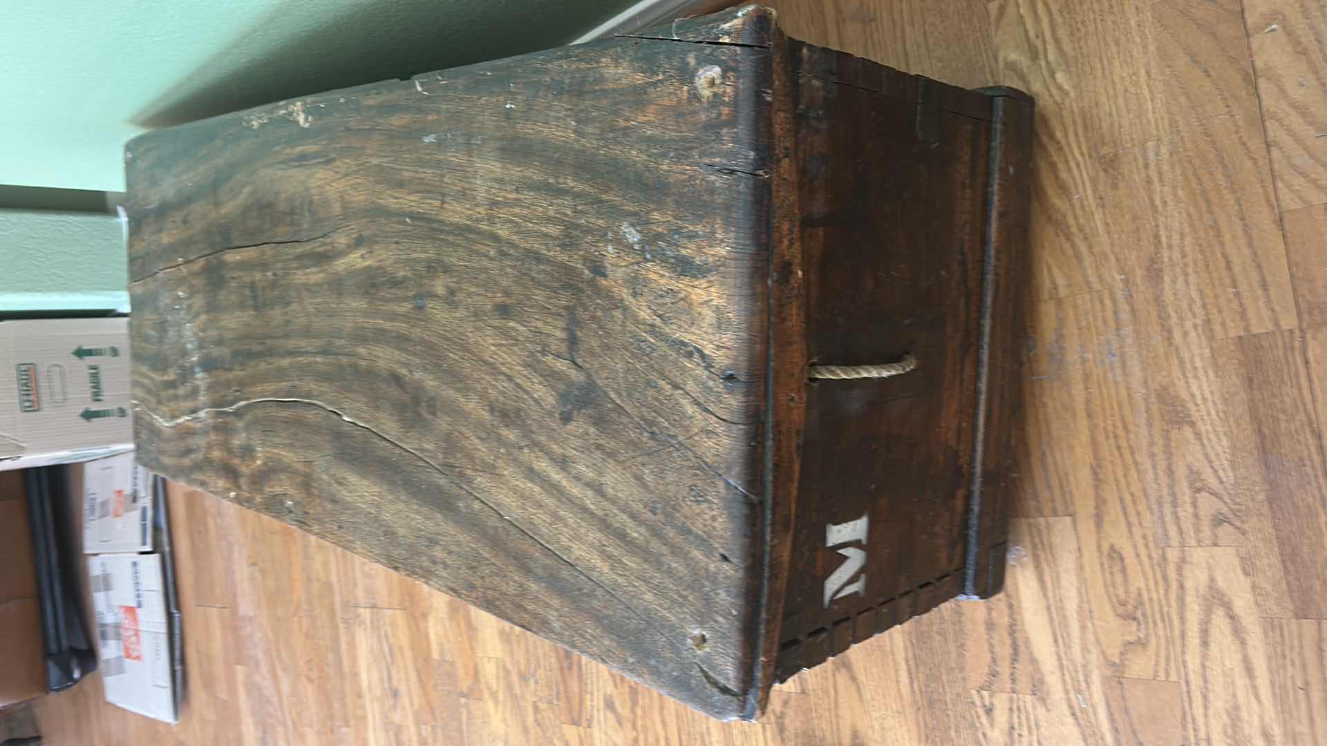 Photo 1 of ANTIQUE HAND HEWN WOOD STORAGE TRUNK 39 1/4“ x 16 1/2“ x H16 1/2“ (CONTENTS INCLUDED)