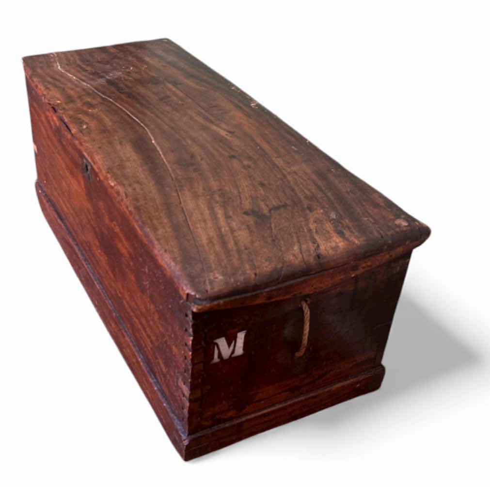 Photo 1 of ANTIQUE HAND HEWN WOOD STORAGE TRUNK 39 1/4“ x 16 1/2“ x H16 1/2“ (CONTENTS INCLUDED)