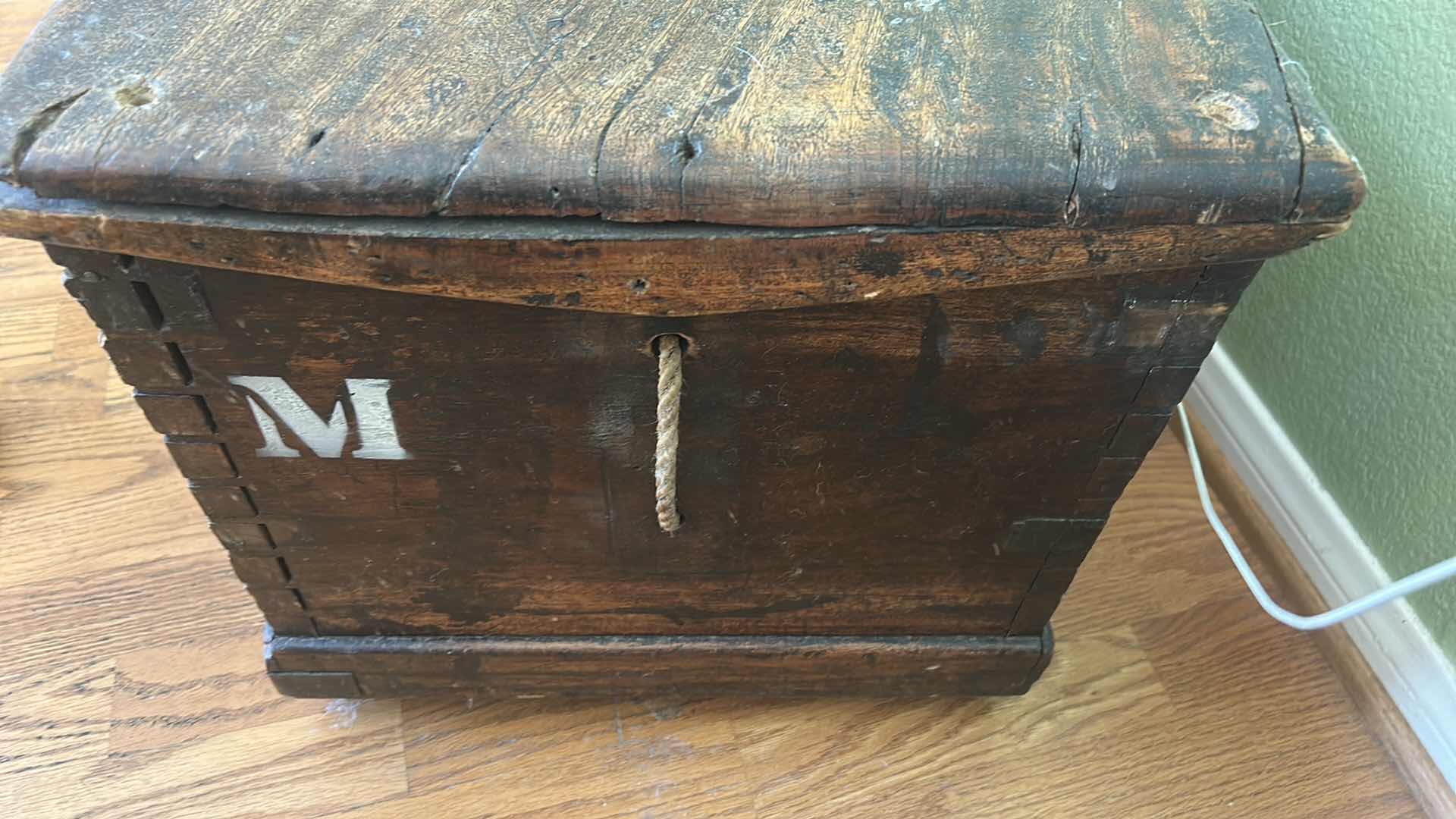 Photo 1 of ANTIQUE HAND HEWN WOOD STORAGE TRUNK 39 1/4“ x 16 1/2“ x H16 1/2“ (CONTENTS INCLUDED)