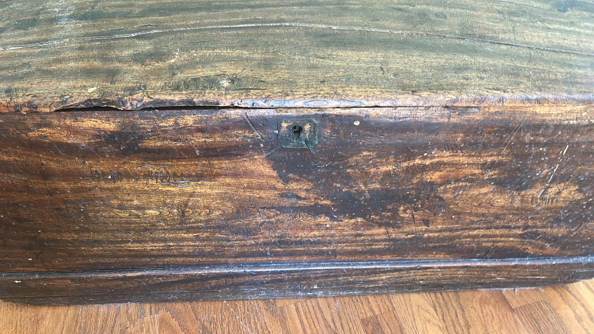 Photo 1 of ANTIQUE HAND HEWN WOOD STORAGE TRUNK 39 1/4“ x 16 1/2“ x H16 1/2“ (CONTENTS INCLUDED)