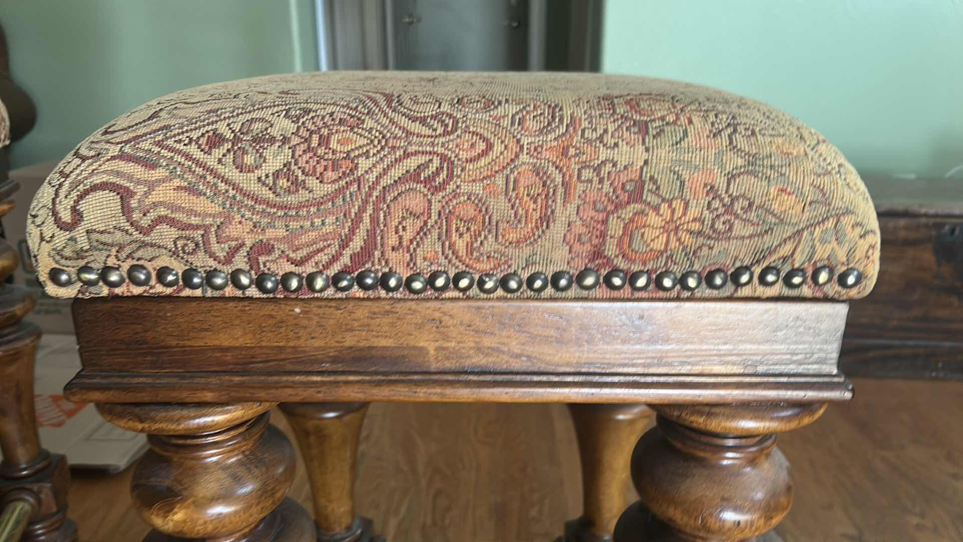 Photo 1 of PULASKI WOOD BAR STOOL WITH BRASS AND UPHOLSTERED TOP H29.5